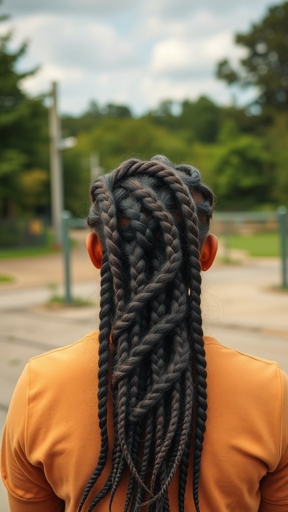 A person with brown knotless braids styled beautifully, showcasing the intricate design and flow of the braids.