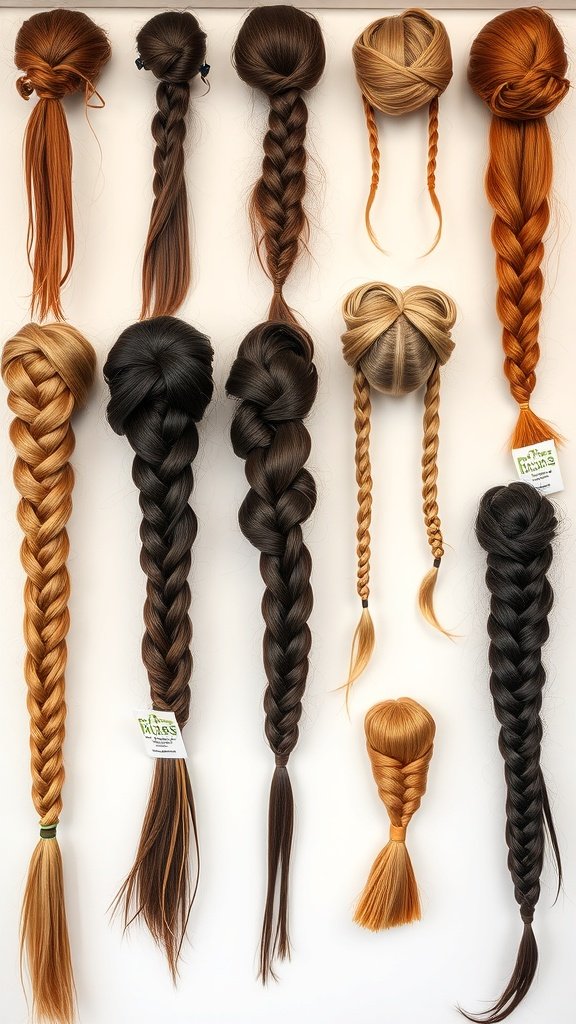 A variety of small knotless braids displayed in different styles and colors.