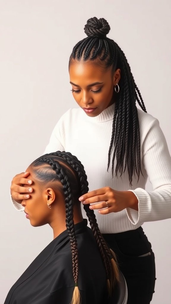 A stylist working on knotless braids on a client, showcasing a high bun and intricate braid details.