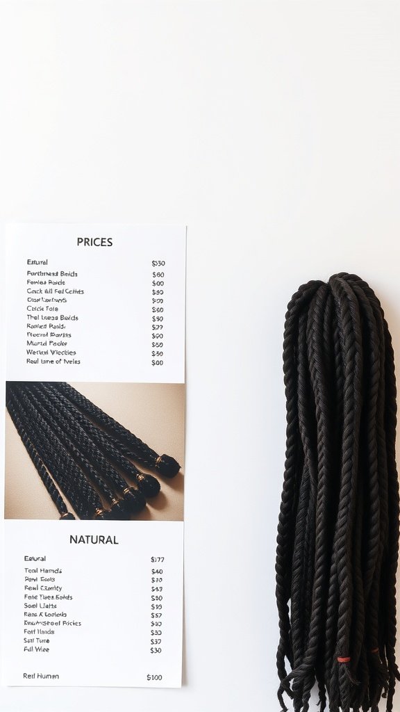 Price list for various types of braids next to a bundle of knotless braids.