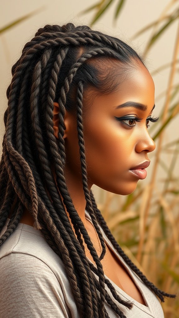 A profile view of a woman with stylish knotless braids, showcasing their beauty and versatility.