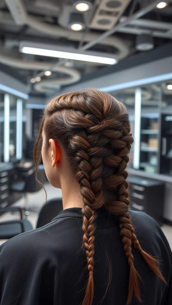 A close-up view of a person's back with two neat knotless braids, showcasing a modern hairstyle in a salon setting.
