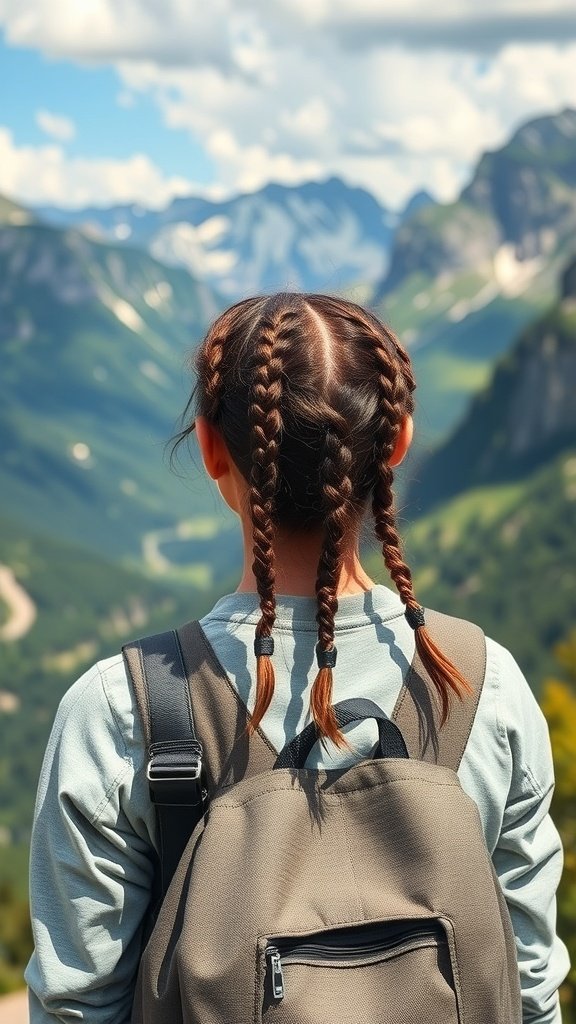A person with two small boho knotless braids, wearing a backpack, standing in front of a mountain landscape.