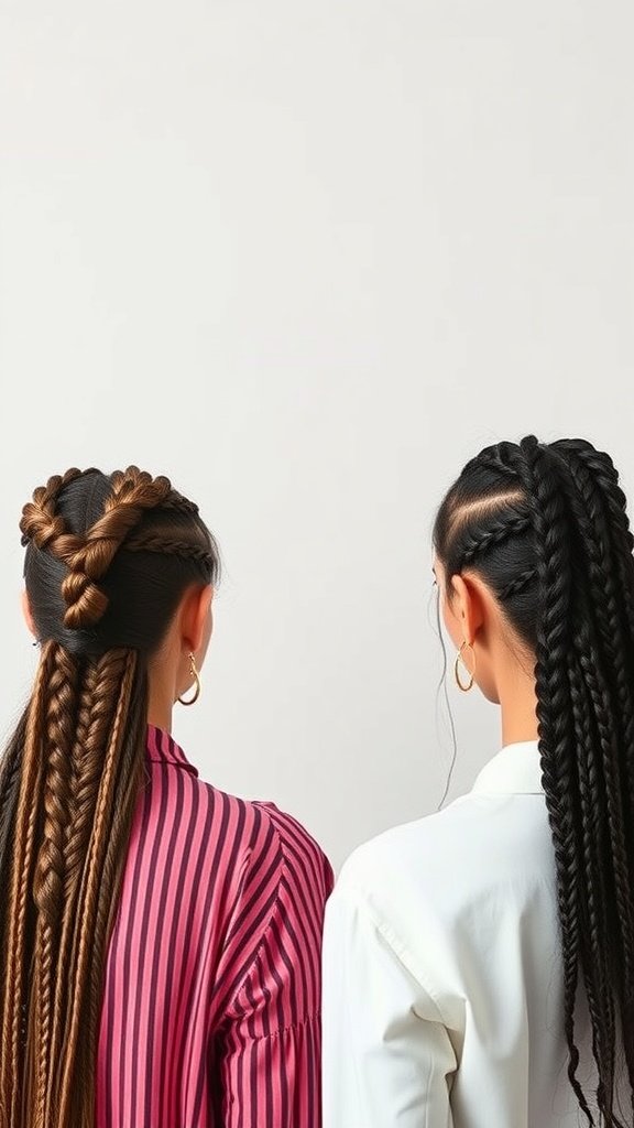Two women showcasing different styles of knotless braids, one with honey brown braids and the other with black braids.