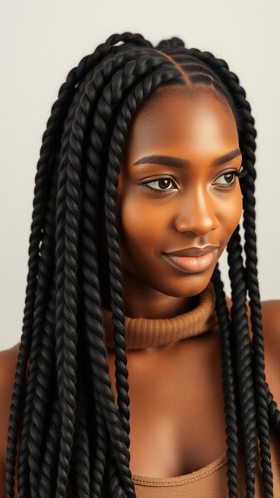 A close-up of a woman with long knotless braids, showcasing a stylish and protective hairstyle.