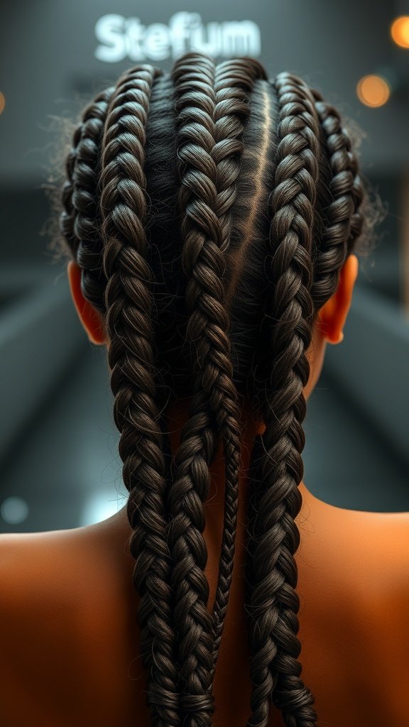 A close-up view of xs knotless braids, showcasing a neat and stylish braided hairstyle.