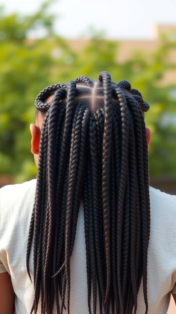 A person with long knotless braids styled in a neat pattern, showcasing the beauty and versatility of this hairstyle.