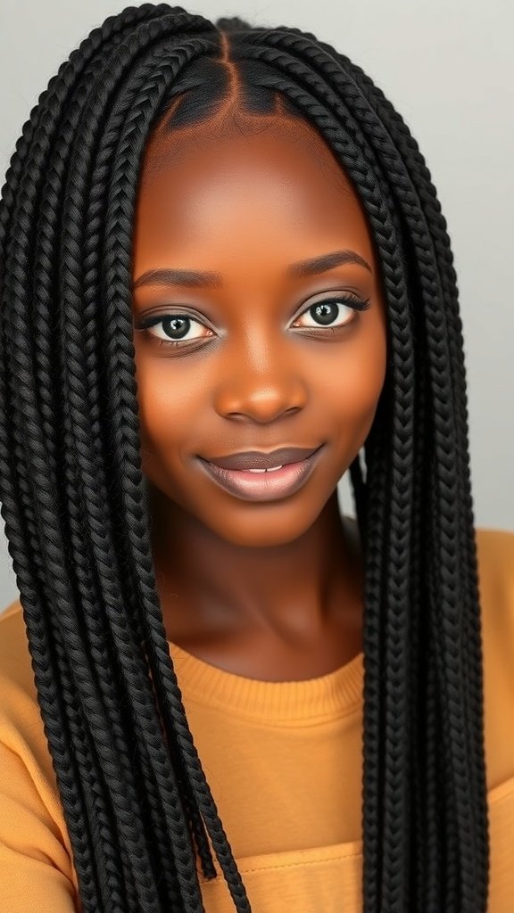A close-up of a person with knotless braids, showcasing a smooth and stylish look.