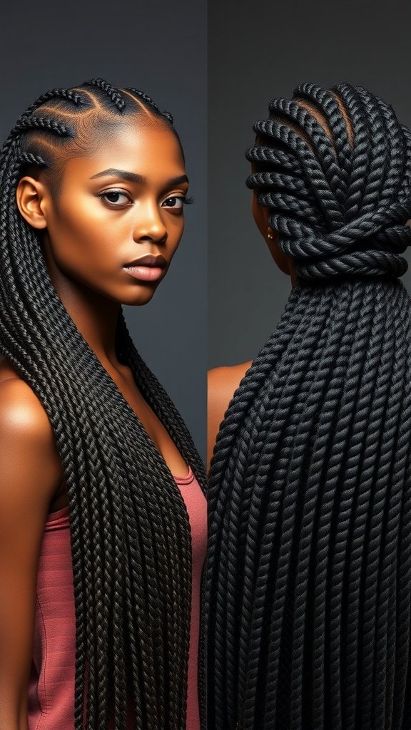 A model showcasing knotless braids with curly ends, highlighting the sleek and stylish appearance of this hairdo.