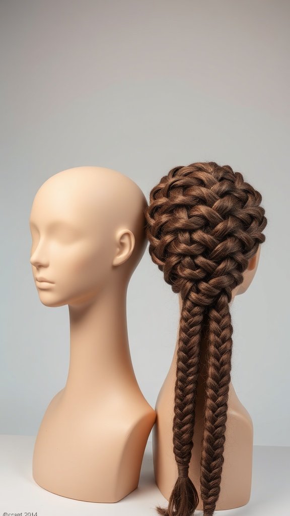 A mannequin displaying knotless braids with curly ends, showcasing a smooth transition and intricate styling.