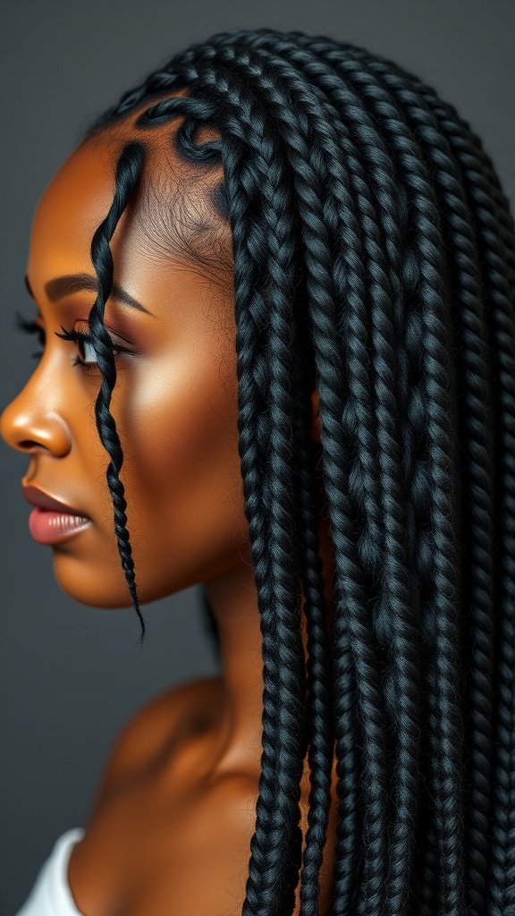 A profile view of a woman with short knotless box braids, showcasing a sleek and stylish hairstyle.