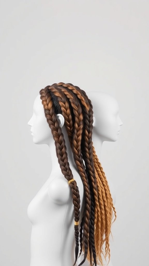 A comparison of knotless braids and traditional braids displayed on mannequin heads.
