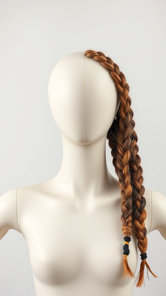 A mannequin showcasing a single braid, representing knotless braids.