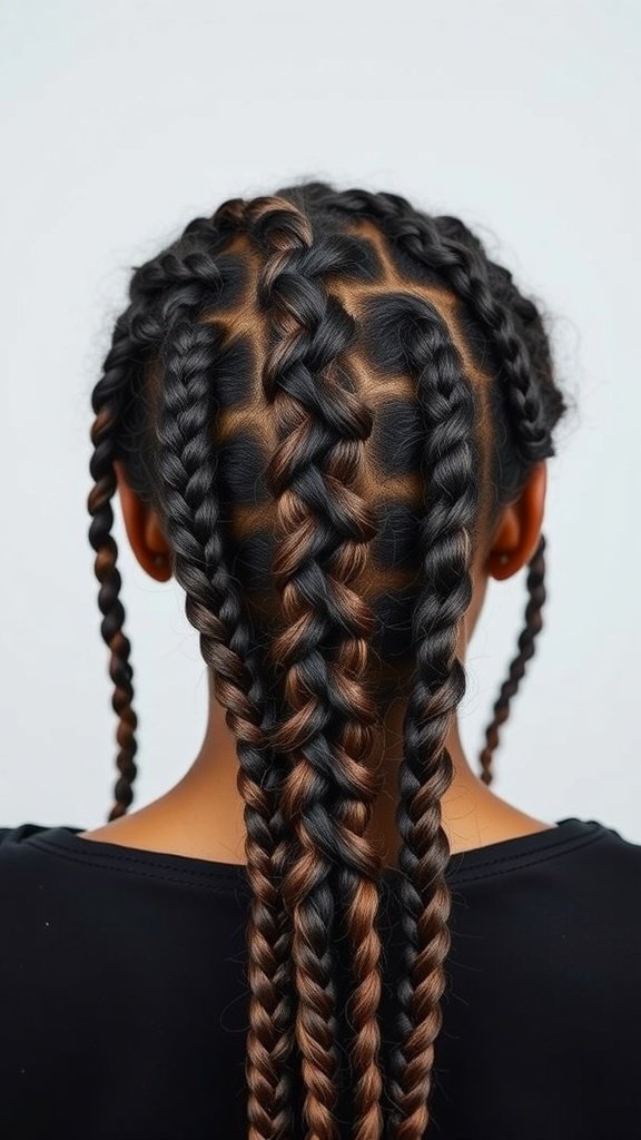 A close-up view of xs knotless braids featuring a mix of black and brown colors.