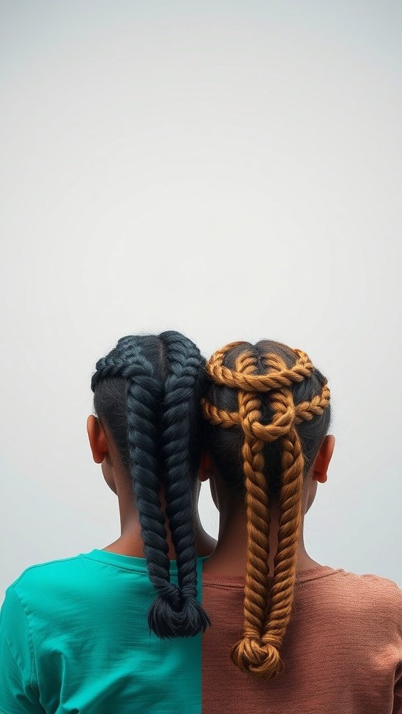 Two individuals with different braid styles, one with dark knotless braids and the other with golden braids.
