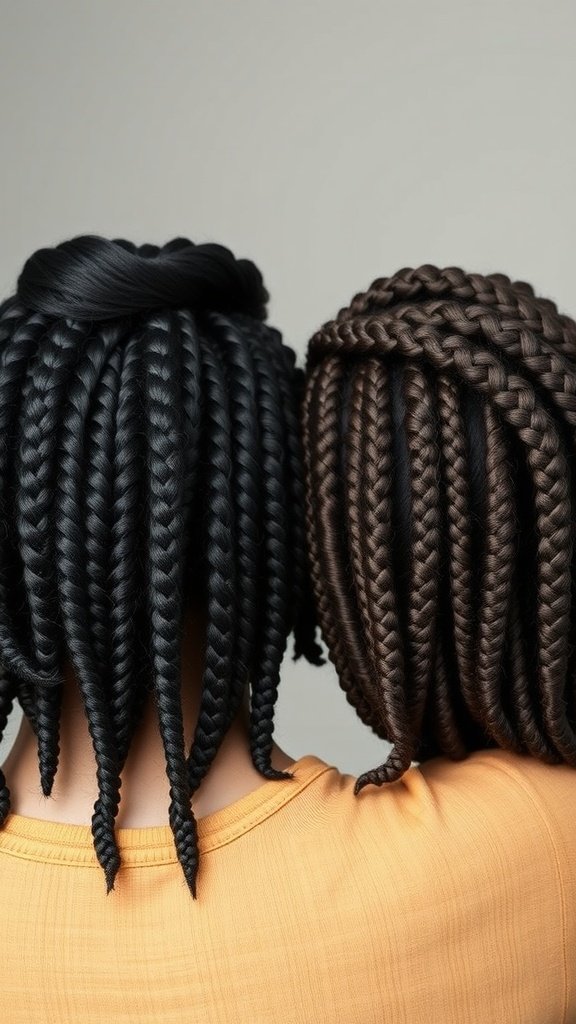Two different styles of knotless braids, one black and one brown, showcasing their versatility and elegance.