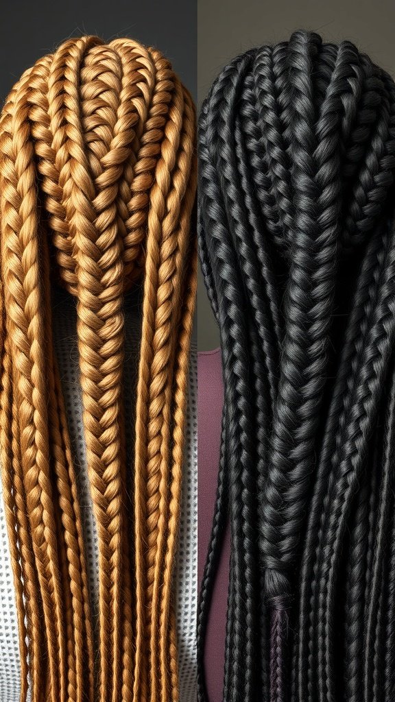 Comparison of knotless braids and traditional braids in two different colors.