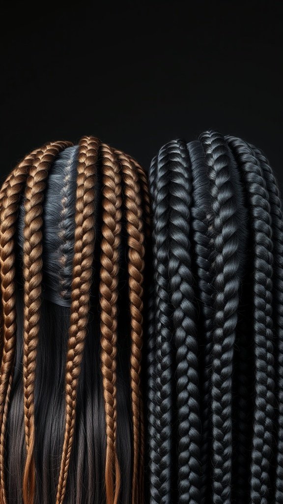 A close-up of two sets of braids, one brown and one black, showcasing the differences between knotless and traditional braids.