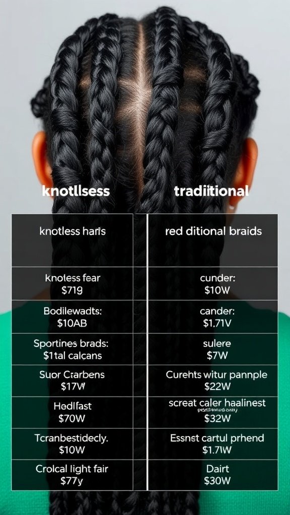 Comparison of knotless and traditional braids, showing different styles and techniques.