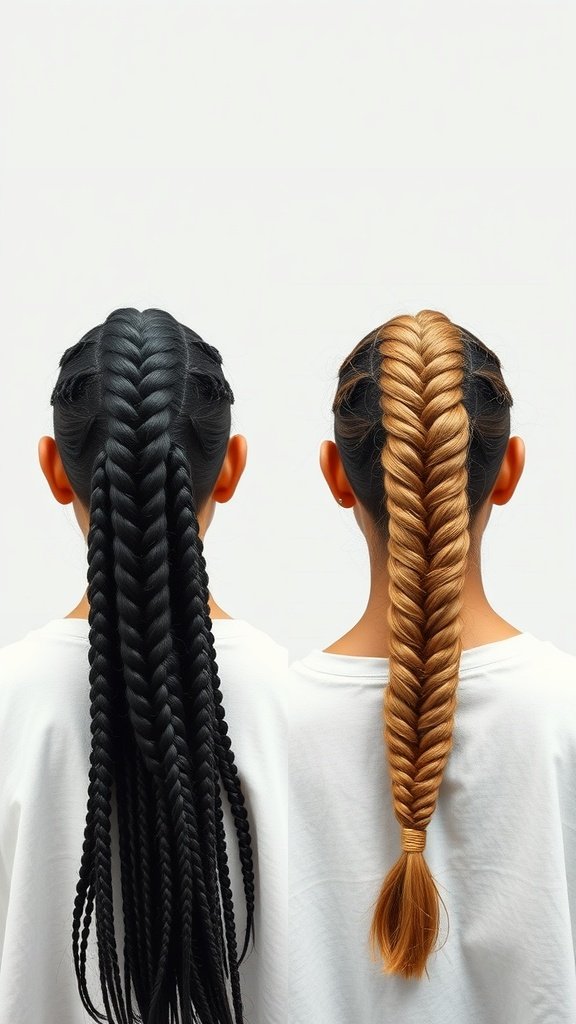 Comparison of knotless braids on the left and traditional braids on the right, showcasing different styles and lengths.