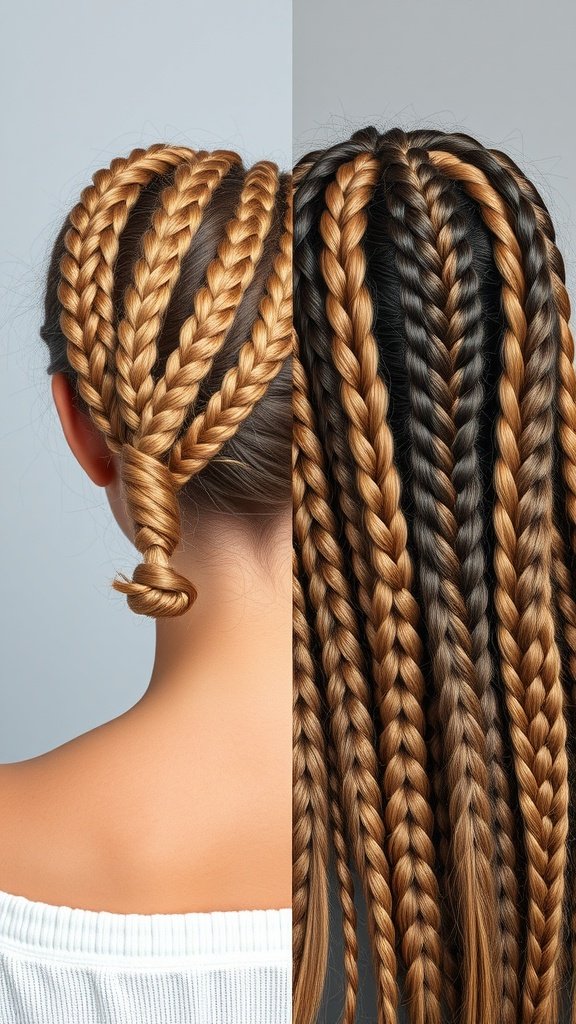 Comparison of knotless braids and traditional braids, showcasing a blonde boho knotless braid bob on one side and traditional braids on the other.