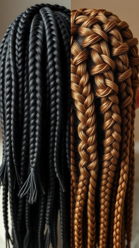 Comparison of traditional braids and knotless braids, showcasing different styles and textures.