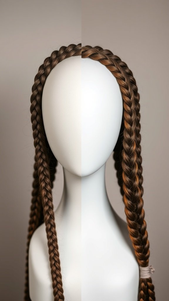 Comparison of knotless braids and traditional braids on a mannequin