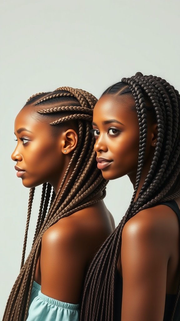 Two models showcasing different styles of braids, one with knotless braids and the other with traditional braids.
