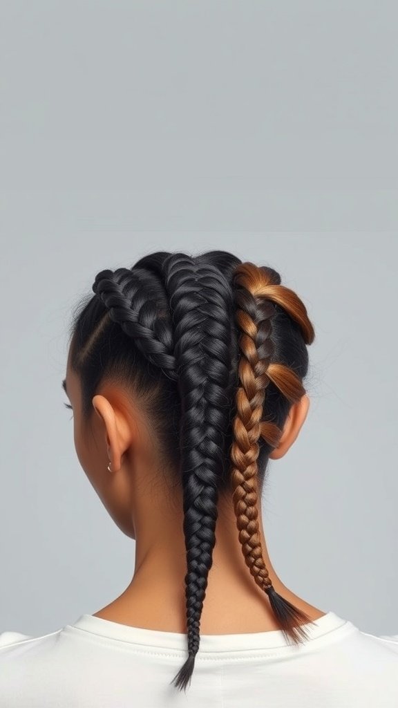 A close-up view of three different braid styles showcasing knotless and traditional braids with a mix of colors.