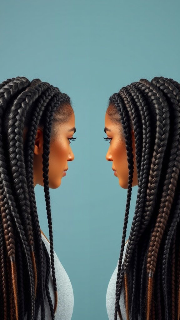 A woman showcasing knotless braids, highlighting their sleek and stylish appearance.