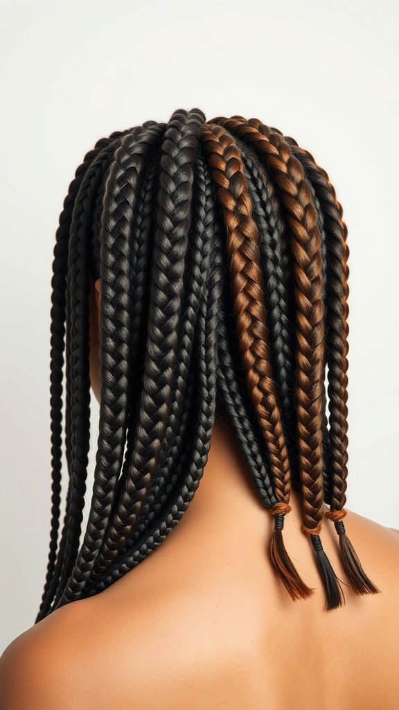 A close-up view of medium knotless braids in black and brown colors, showcasing a stylish and protective hairstyle.