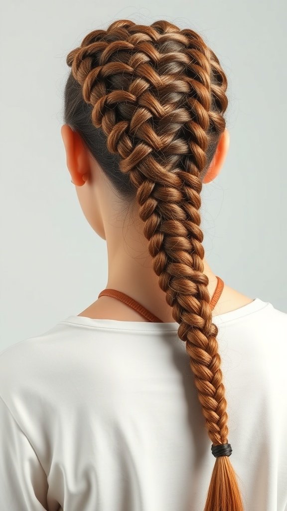 A close-up view of a beautifully braided hairstyle, showcasing the intricate pattern of knotless braids.