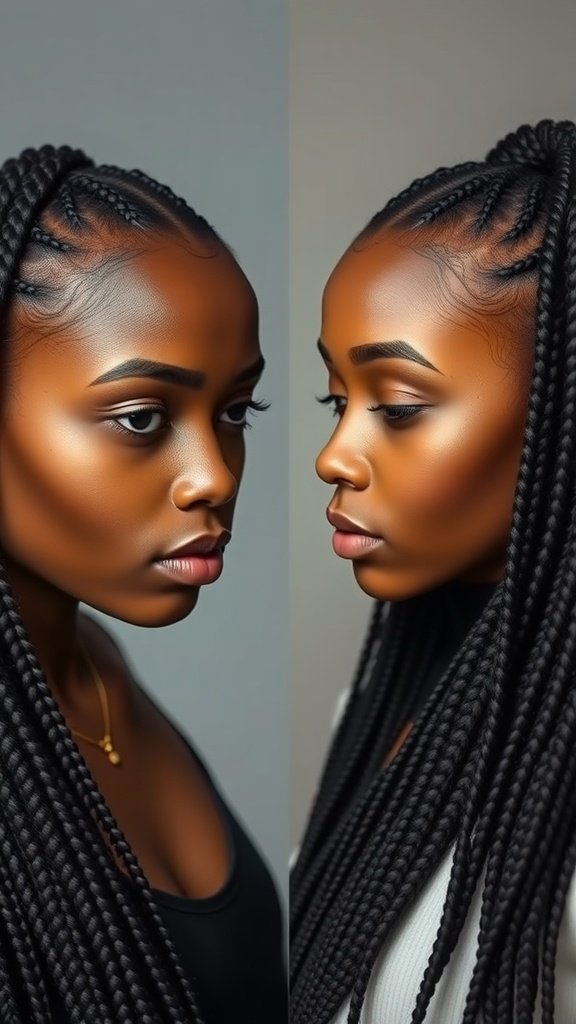 A side-by-side view of a person with knotless braids, showcasing their sleek and stylish appearance.