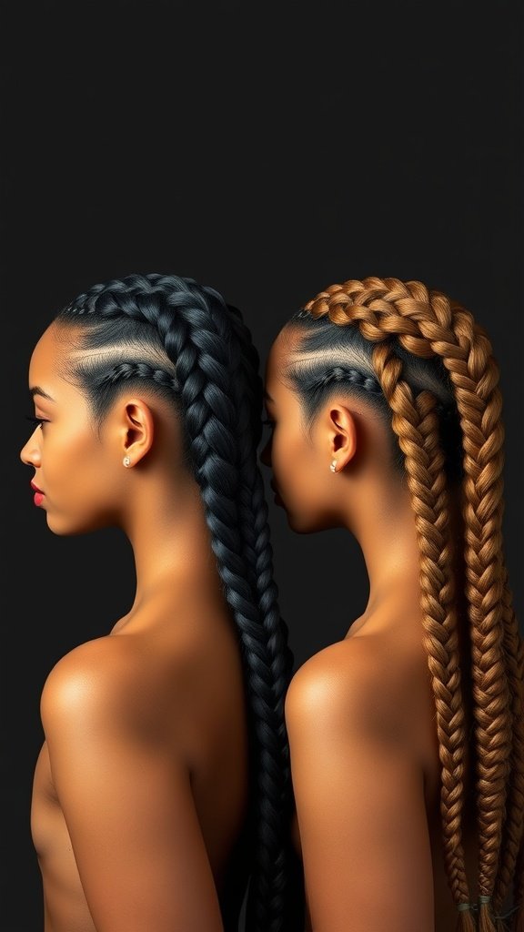 Two individuals with knotless braids, one with black braids and the other with honey blonde braids, showcasing different styles.