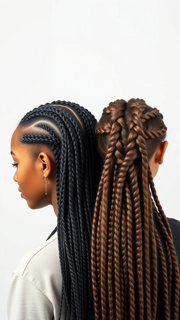 A comparison of two different braid styles: one with black knotless braids and the other with brown twisted braids.