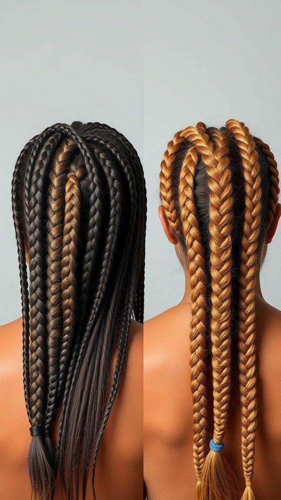 Comparison of traditional braids and knotless braids, showcasing different styles and colors.