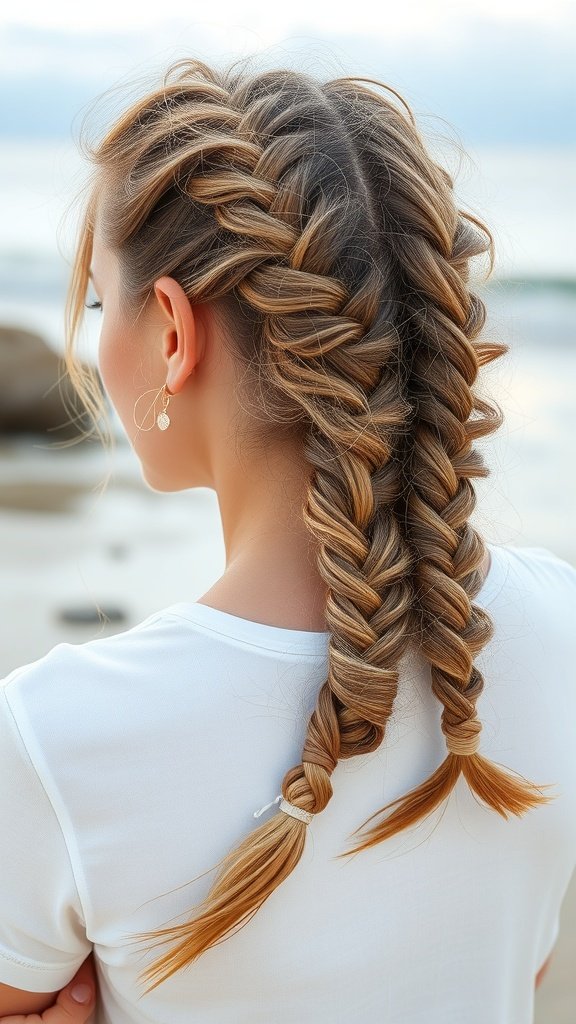 A woman with knotless braids styled in beachy waves, showcasing a relaxed and trendy hairstyle.