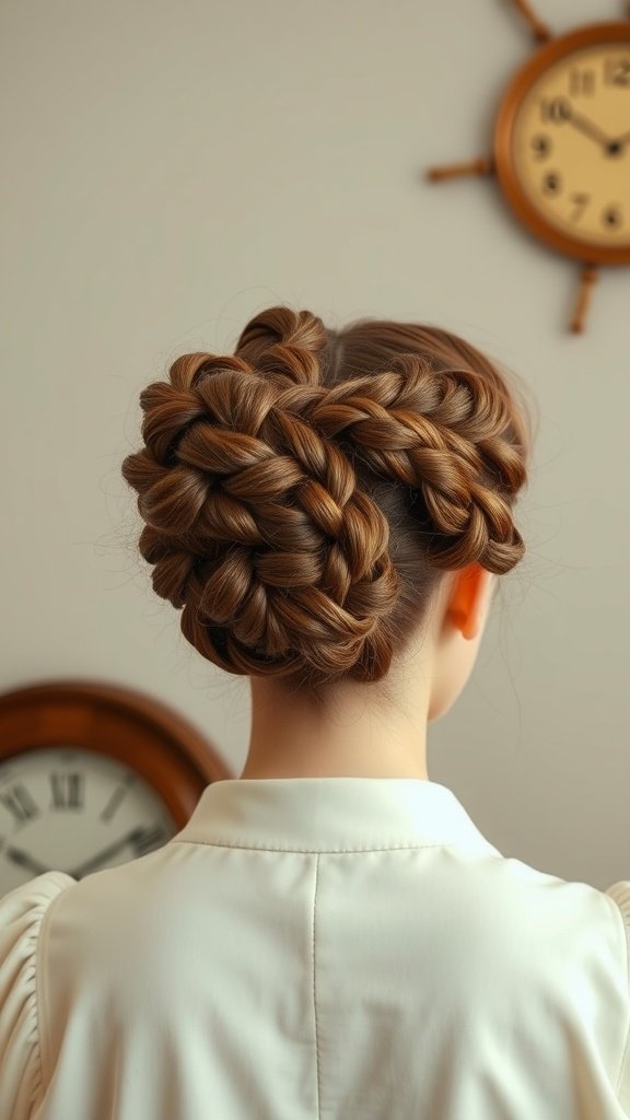 A woman with a beehive bun hairstyle made from knotless braids, showcasing a stylish and elegant look.