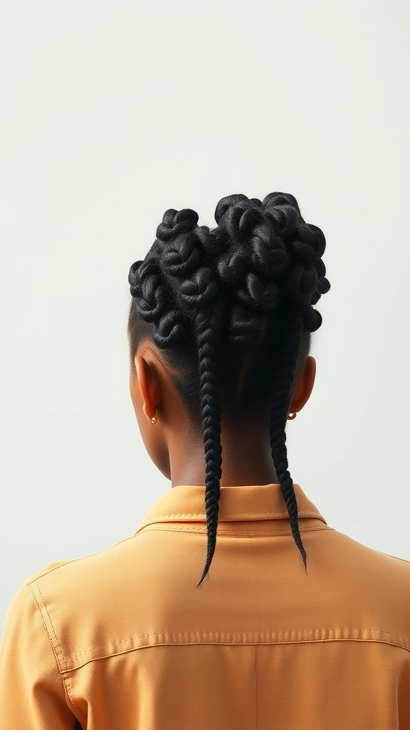 A person with knotless braids styled in a beehive shape, showcasing long flowing ends.