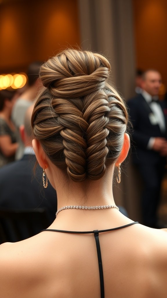 A stylish beehive updo created with knotless braids, showcasing a chic and elegant hairstyle.