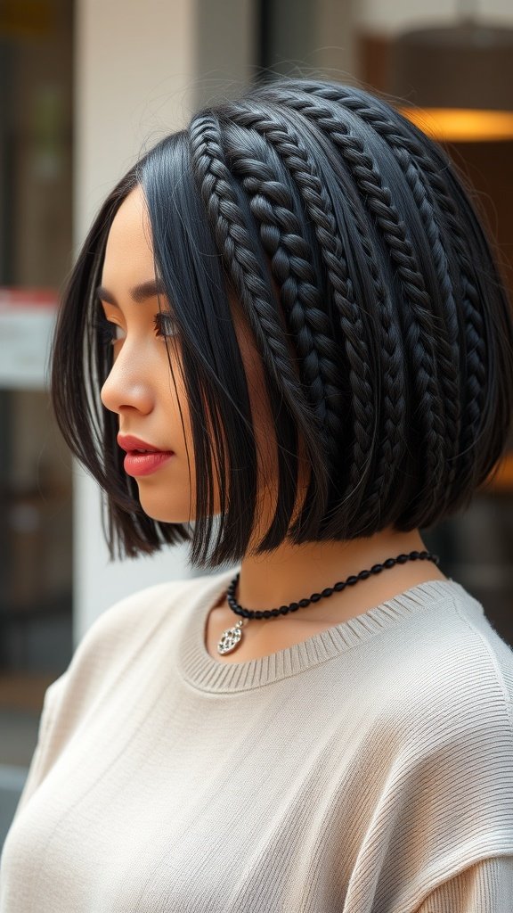 A woman with knotless braids styled in a bob cut, showcasing a modern and chic hairstyle.