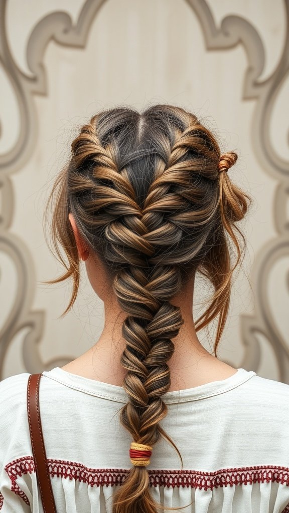 A stylish woman with knotless braids styled in a bohemian vibe, featuring colorful accents and a relaxed look.