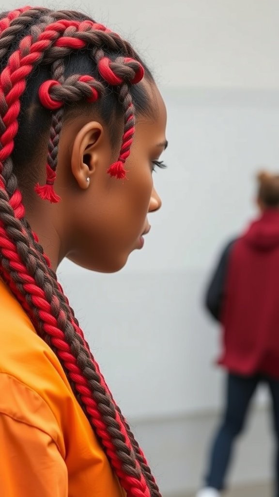 A close-up of a woman with knotless braids featuring bold red accents, wearing an orange top.