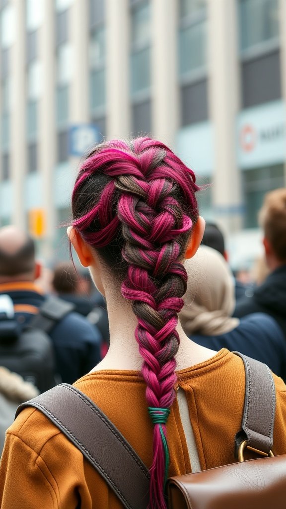 A woman with vibrant pink knotless braids, showcasing a bold hairstyle in a busy urban setting.