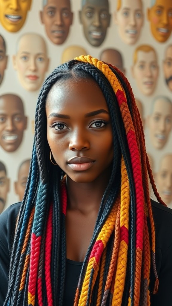 A woman with colorful knotless braids, showcasing vibrant hues against a backdrop of faces.