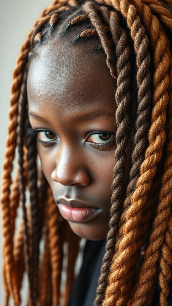 A close-up of a person with knotless braids featuring a bold undercolor, showcasing the intricate twists and vibrant hues.