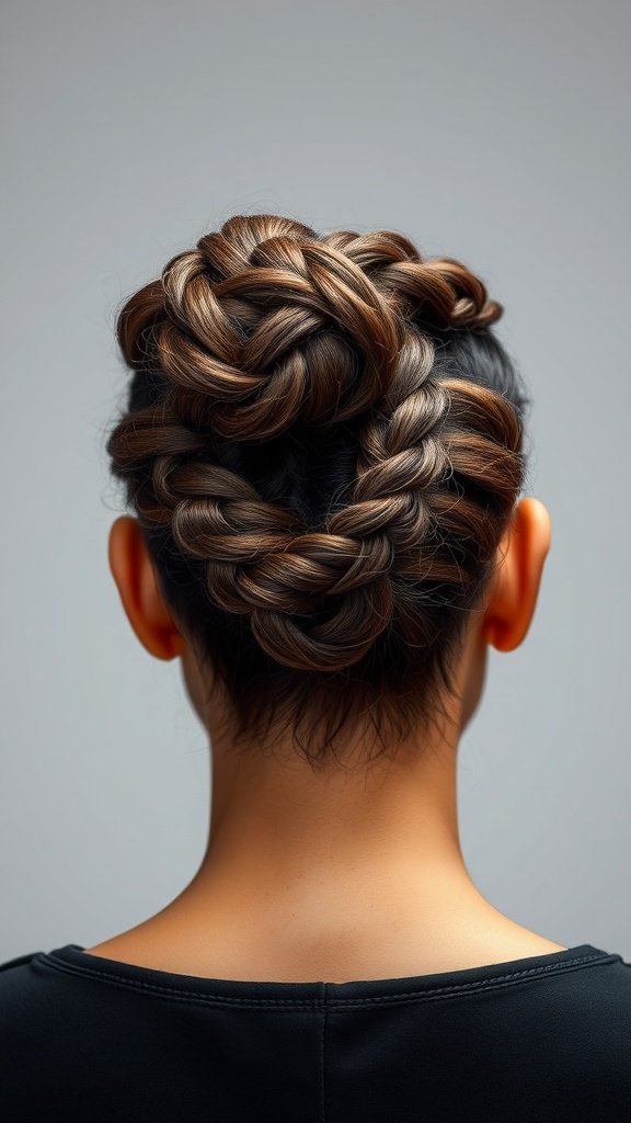 A stylish knotless braid bun hairstyle.