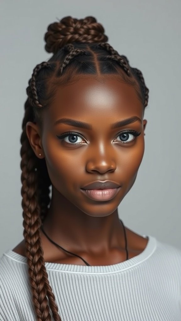A person with knotless braids styled in a center part, showcasing a neat and elegant look.