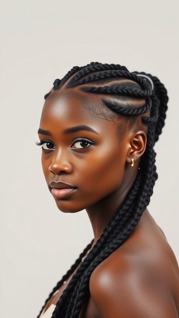 A close-up of a person with long knotless braids styled in a center part, showcasing a sleek and elegant look.