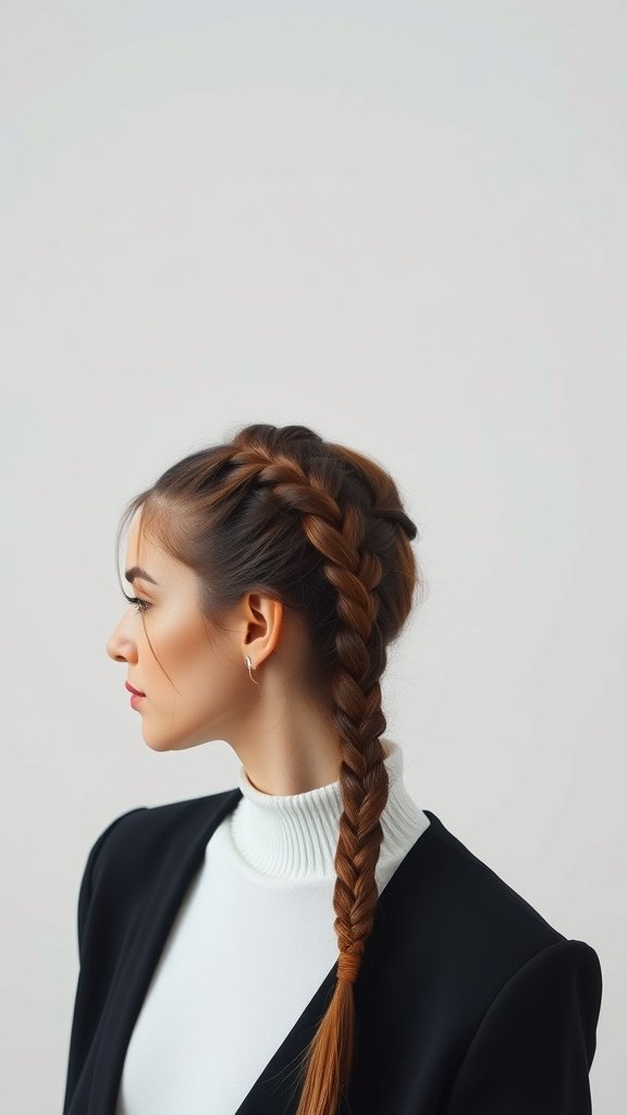 A woman with knotless braids styled in a center part, showcasing a sleek and polished look.